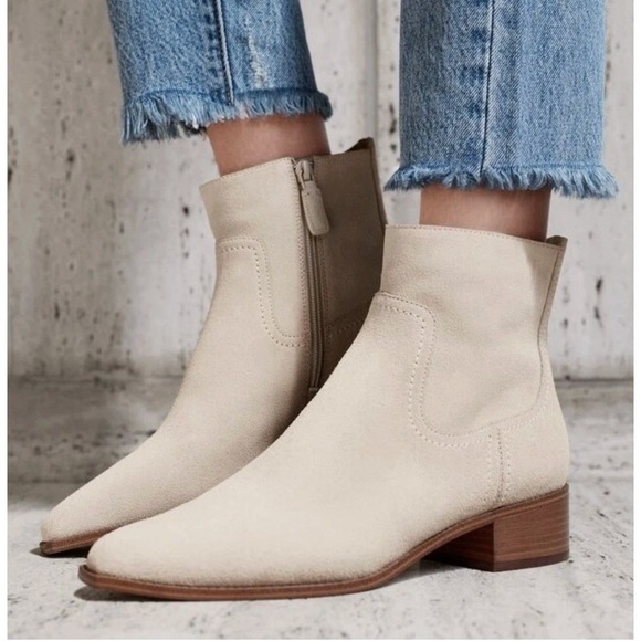 Cole HAAN Size 9.5 Ankle Boots Suede Ecru Beige Block Heel Booties Naia Womens - Picture 2 of 14